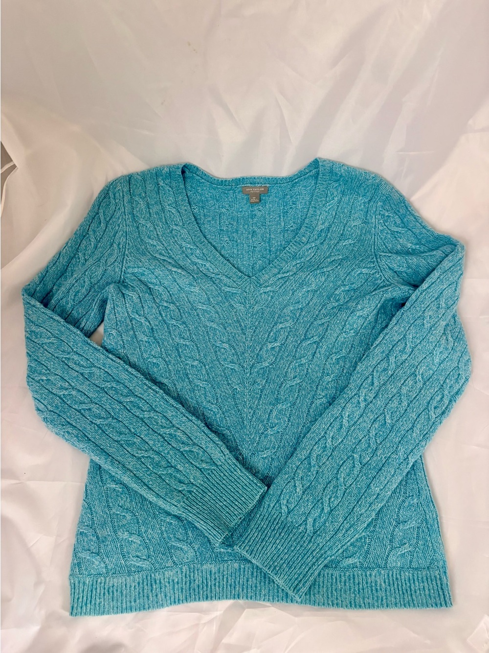 Ann Taylor 100% Merino Wool Aqua Cable-Knit V-Neck Sweater